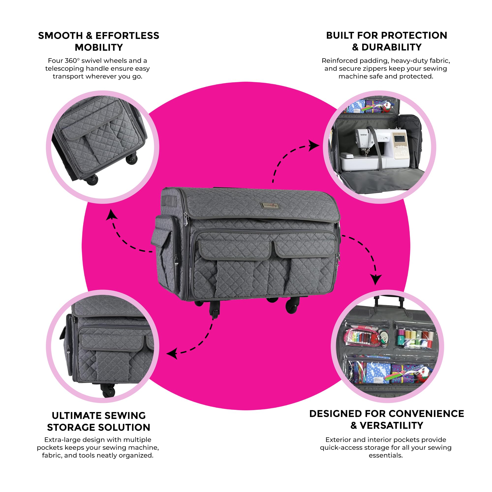 Everything Mary XXL 4 Wheel Collapsible Rolling Sewing Machine Storage Case, Heather Grey