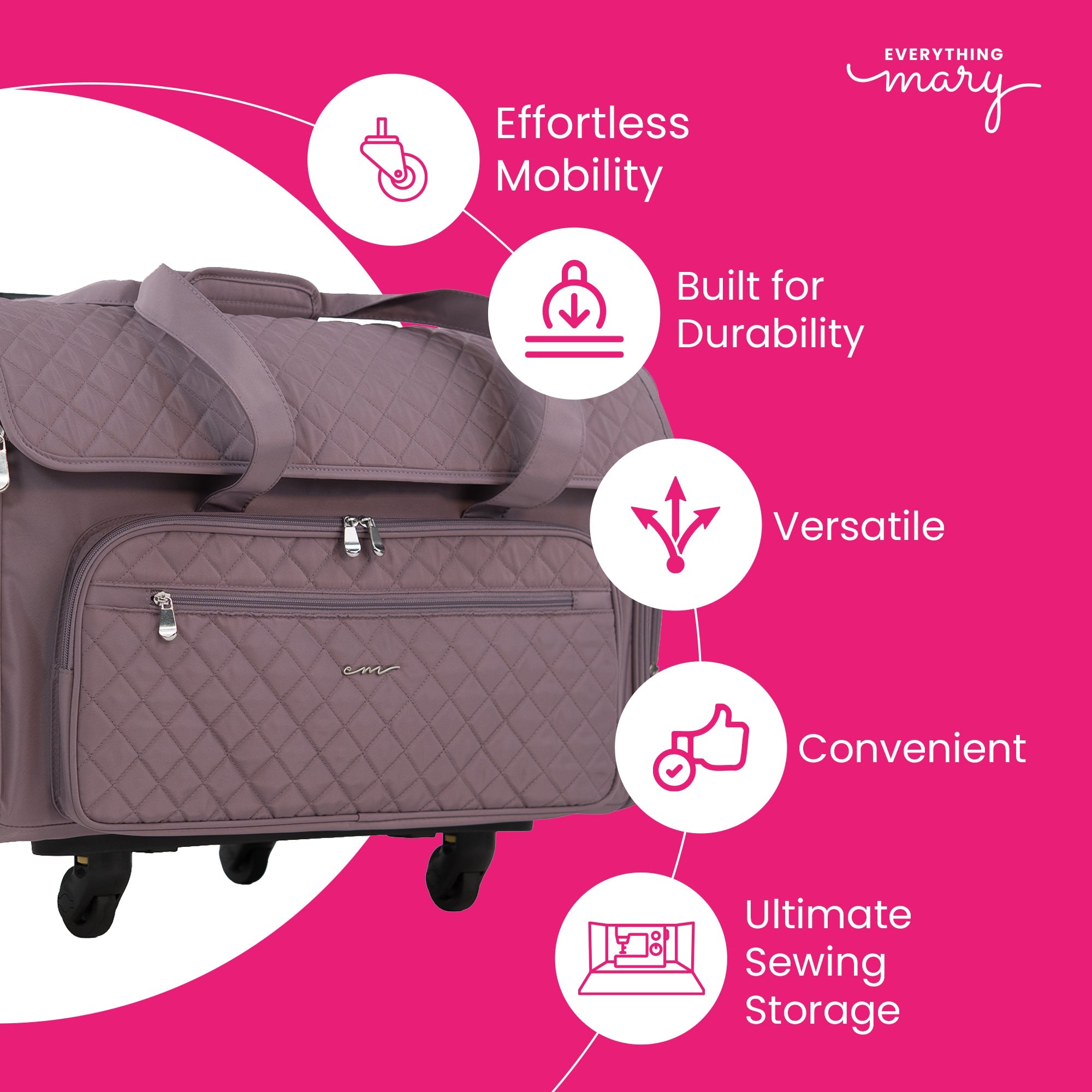 Everything Mary XXL 4 Wheel Collapsible Rolling Sewing Machine Storage Case, Purple Quilted