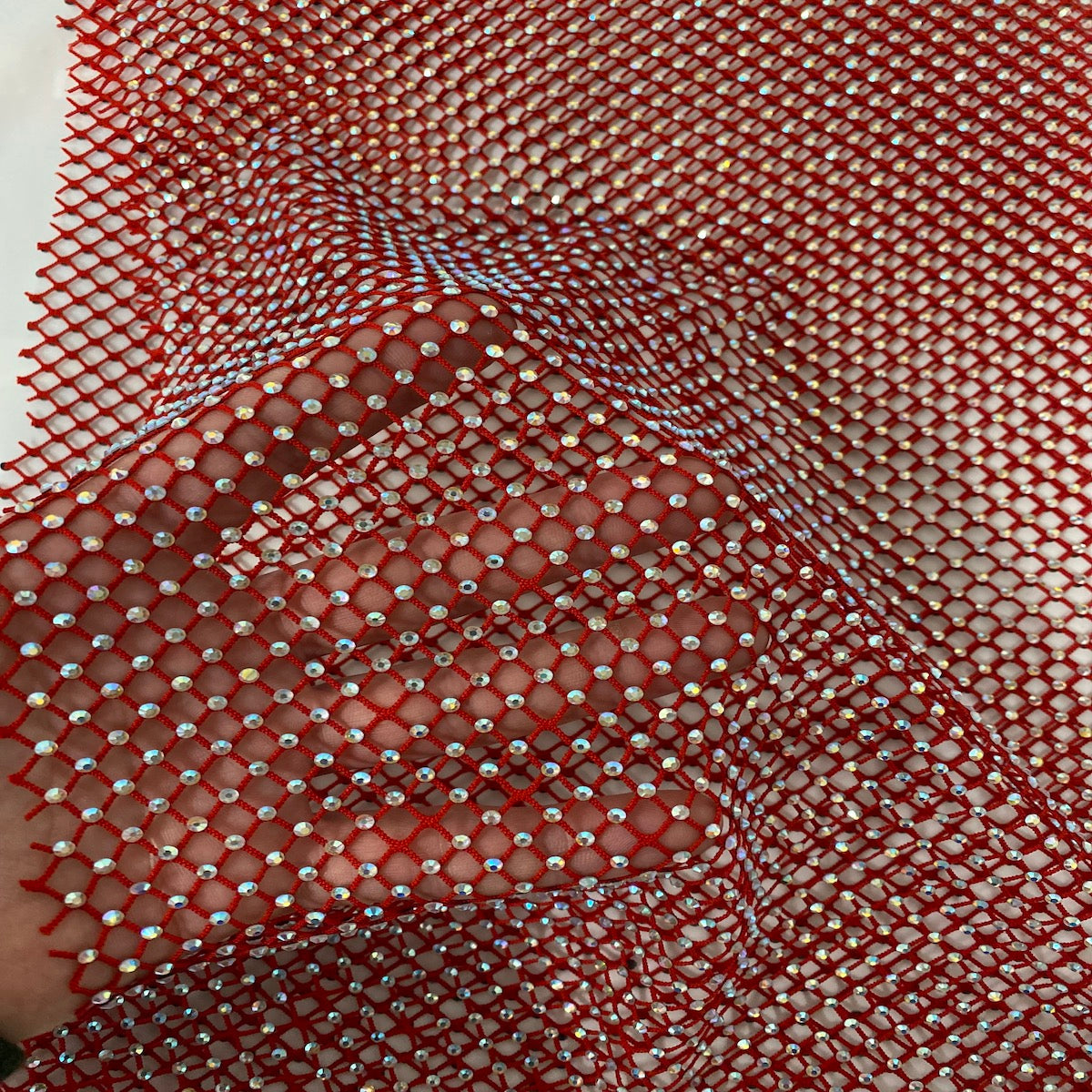 Serene Iridescent Rhinestone Fishnet Lace Fabric