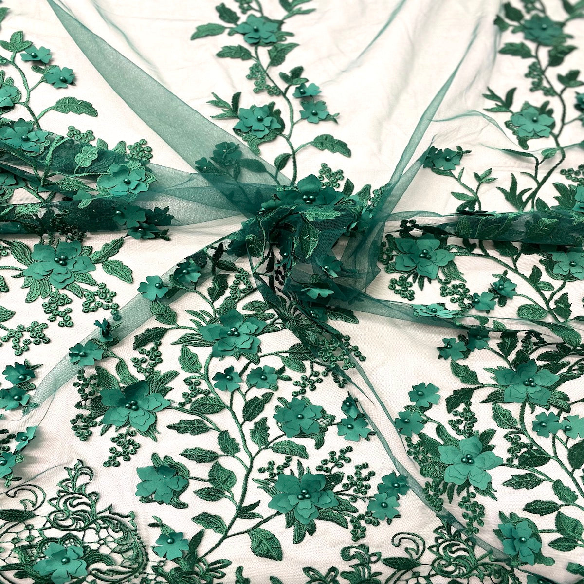 3D Embroidered Satin Floral Pearl Lace Fabric