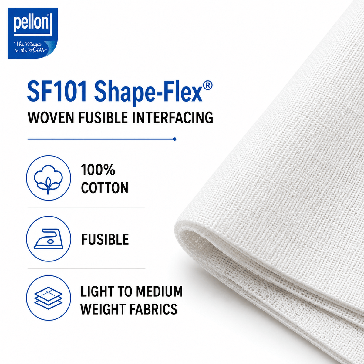 Pellon® SF101 Shape-Flex® Fusible Woven Cotton Interfacing – 60" x 10 Yard Bolt (White)