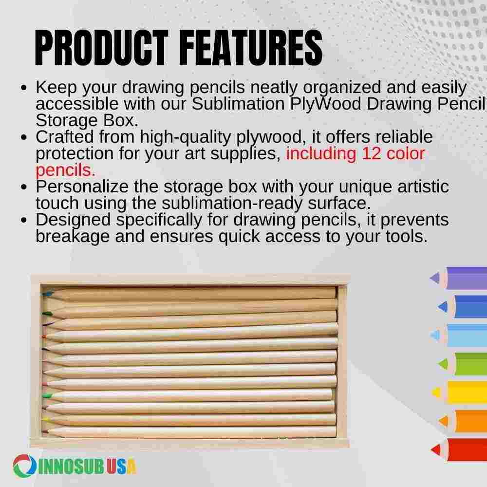 Sublimation Blanks Pencil Box with 12 pcs Color Pencils |  PlyWood Brush Set