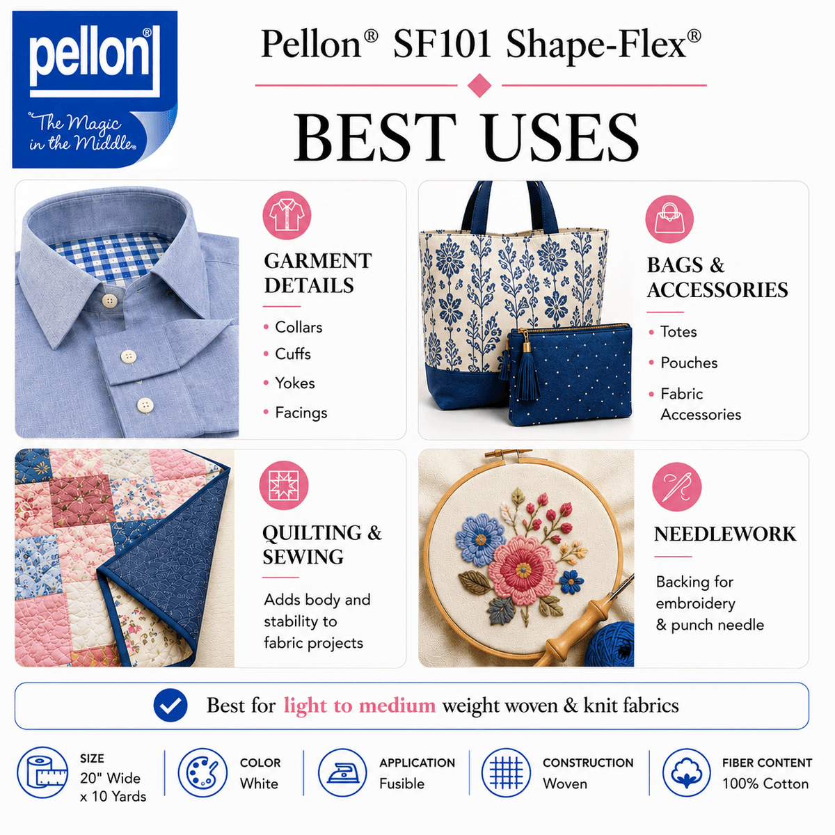 Pellon® SF101 Shape-Flex® Fusible Woven Cotton Interfacing – 20" x 10 Yard Bolt (White)