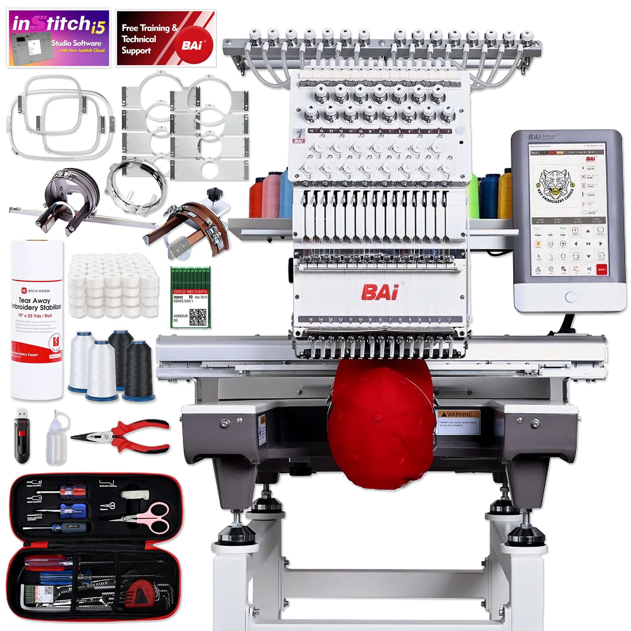 BAi MIRROR 15 Needle Commercial Embroidery Machine Bundle with Cap & Hat Hoops BAI Machine Bundles Bai 