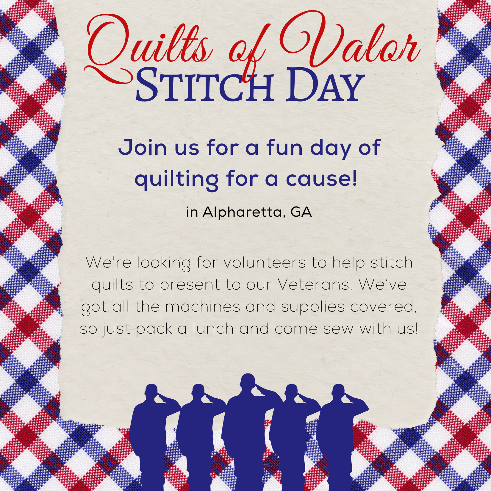 Quilts of Valor Stitch Day 9/22 Tuesday 10:00a.m. – 2:00 p.m.  FREE