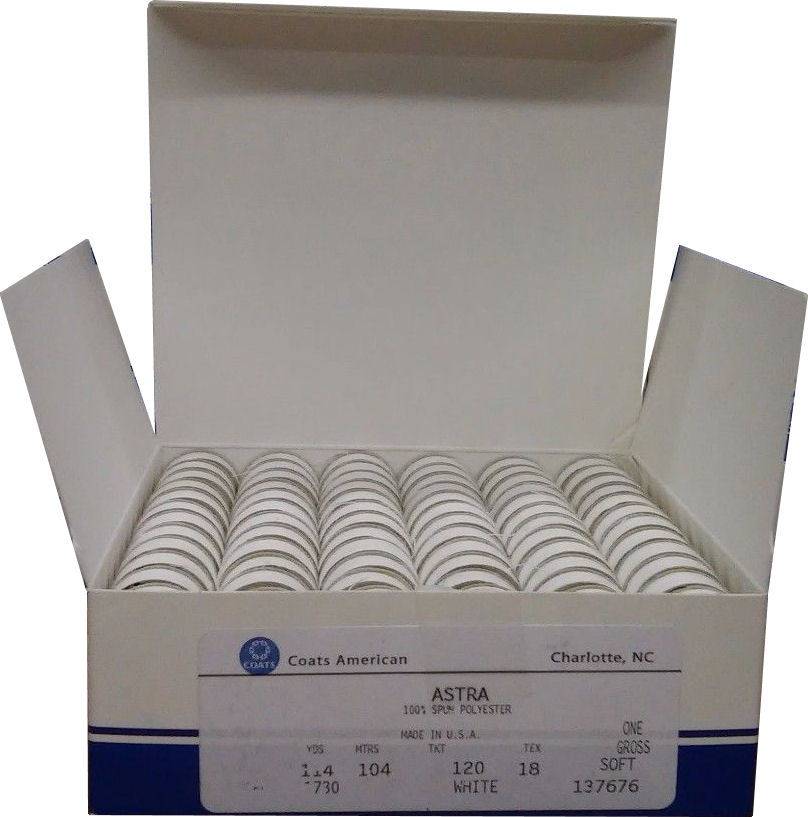 Coats Polyester Astra L-120 Prewound Bobbins White - 144ct